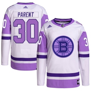 Men's Bernie Parent Boston Bruins Adidas Hockey Fights Cancer Primegreen Jersey - Authentic White/Purple