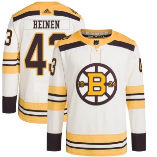 Men's Danton Heinen Boston Bruins Adidas 100th Anniversary Primegreen Jersey - Authentic Cream