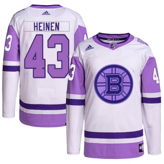 Men's Danton Heinen Boston Bruins Adidas Hockey Fights Cancer Primegreen Jersey - Authentic White/Purple