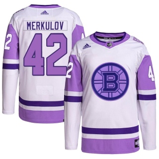 Men's Georgii Merkulov Boston Bruins Adidas Hockey Fights Cancer Primegreen Jersey - Authentic White/Purple