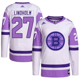 Men's Hampus Lindholm Boston Bruins Adidas Hockey Fights Cancer Primegreen Jersey - Authentic White/Purple