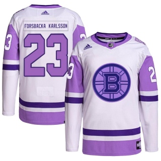 Men's Jakob Forsbacka Karlsson Boston Bruins Adidas Hockey Fights Cancer Primegreen Jersey - Authentic White/Purple