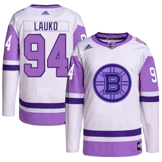 Men's Jakub Lauko Boston Bruins Adidas Hockey Fights Cancer Primegreen Jersey - Authentic White/Purple