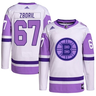 Men's Jakub Zboril Boston Bruins Adidas Hockey Fights Cancer Primegreen Jersey - Authentic White/Purple
