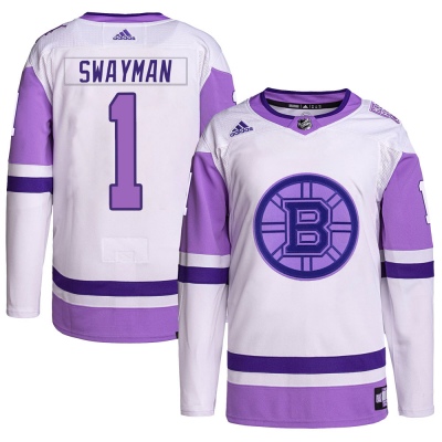 Men's Jeremy Swayman Boston Bruins Adidas Hockey Fights Cancer Primegreen Jersey - Authentic White/Purple