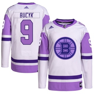 Men's Johnny Bucyk Boston Bruins Adidas Hockey Fights Cancer Primegreen Jersey - Authentic White/Purple