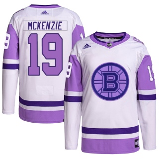 Men's Johnny Mckenzie Boston Bruins Adidas Hockey Fights Cancer Primegreen Jersey - Authentic White/Purple