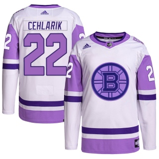 Men's Peter Cehlarik Boston Bruins Adidas Hockey Fights Cancer Primegreen Jersey - Authentic White/Purple
