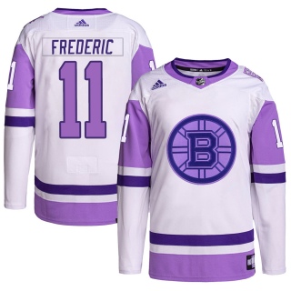 Men's Trent Frederic Boston Bruins Adidas Hockey Fights Cancer Primegreen Jersey - Authentic White/Purple
