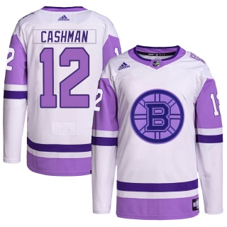 Men's Wayne Cashman Boston Bruins Adidas Hockey Fights Cancer Primegreen Jersey - Authentic White/Purple