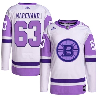 Youth Brad Marchand Boston Bruins Adidas Hockey Fights Cancer Primegreen Jersey - Authentic White/Purple