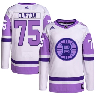 Youth Connor Clifton Boston Bruins Adidas Hockey Fights Cancer Primegreen Jersey - Authentic White/Purple