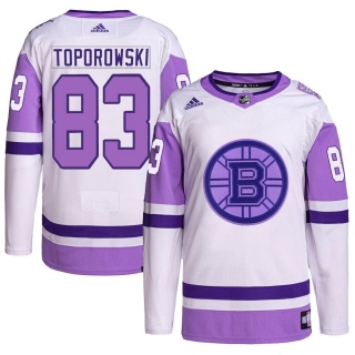 Youth Luke Toporowski Boston Bruins Adidas Hockey Fights Cancer Primegreen Jersey - Authentic White/Purple