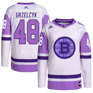 Youth Matt Grzelcyk Boston Bruins Adidas Hockey Fights Cancer Primegreen Jersey - Authentic White/Purple