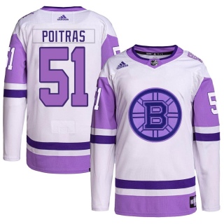 Youth Matthew Poitras Boston Bruins Adidas Hockey Fights Cancer Primegreen Jersey - Authentic White/Purple