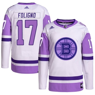 Youth Nick Foligno Boston Bruins Adidas Hockey Fights Cancer Primegreen Jersey - Authentic White/Purple
