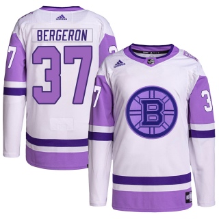 Youth Patrice Bergeron Boston Bruins Adidas Hockey Fights Cancer Primegreen Jersey - Authentic White/Purple
